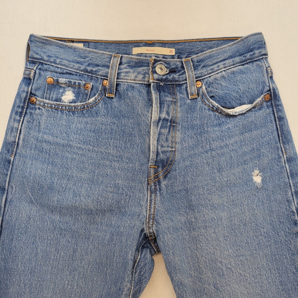 Levis Jeans Womens 26 Blue Wedgie Straight Button Fly Mid Rise Raw Hem Denim - Picture 2 of 10